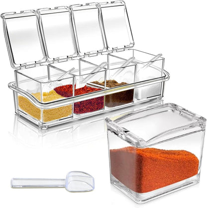 4-Cell Clear Seasoning Rack Spice Box Storage Container Condiment Jars Acrylic Seasoning Box with Cover and Spoon1