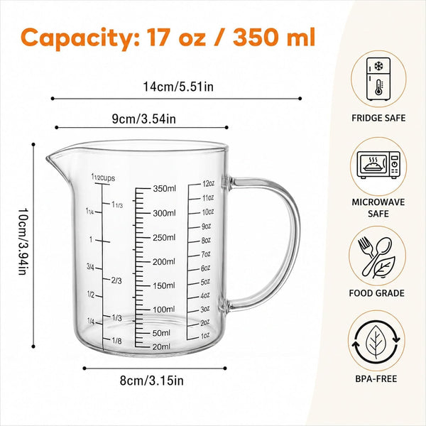 Graduated Glass Measuring Cup with Handle 350ML (12Oz, 1 1/2Cups)2