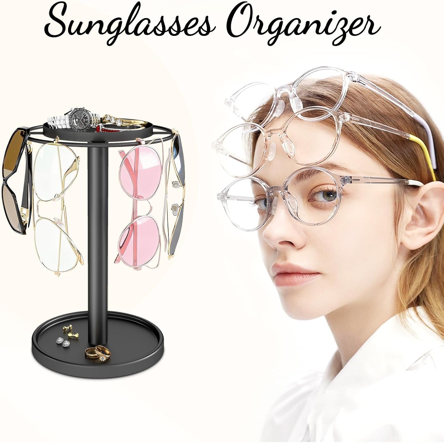 360-rotating-sunglasses-organizer-glasses-holder-with-organizer-tray-stainless-steel-eyeglasses-holder-with-storage-base-for-dresser-desk-table-nightstand-home-decor-black