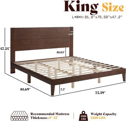King Size Solid Wood Bed Frame with 48" Headboard Design, Walnut2
