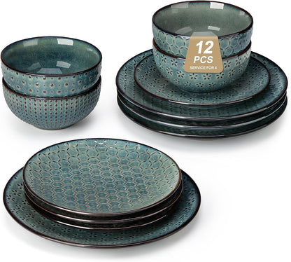 12 Pieces Dinnerware Sets, Farmhouse Plates and Bowls Sets, Embossed Green Dish Set for 4, Vintage Relief Ceramic Dish Set, Chip-Resistant, Microwave and Dishwasher Safe, Series LYDIA1