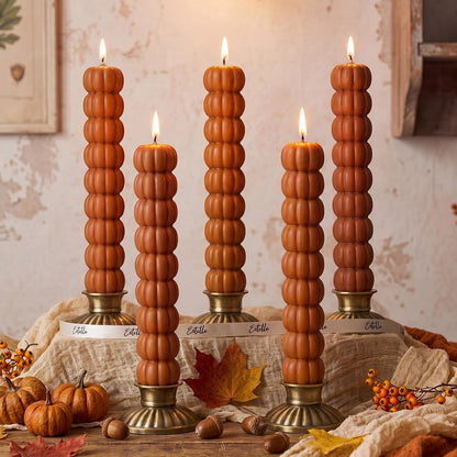 5 Pcs Pumpkin Taper Candles Autumn Halloween Gifts, Warm Brown1