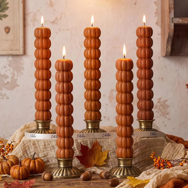 5 Pcs Pumpkin Taper Candles Autumn Halloween Gifts, Warm Brown1