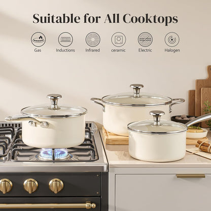 Stock Pot Set with Lid 5Qt, Ceramic Saucepan Set 2.5/3.5Qt, Induction Cooking Pot Set, Nonstick Cookware Set for Stoves, Even Heat, Stay-Cool Handle, Oven/Dishwasher Safe, PFAS Free (Beige)8