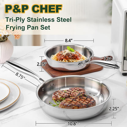 8 & 10 Inch 3-Ply Stainless Steel Frying Pan Skillet, 2 Pieces | Stainless Steel Pan Skillet, Induction Stir-Fry Pan, Oven & All Stoves Safe, Heavy Duty & Even Heat, Dishwasher Safe, Silver2