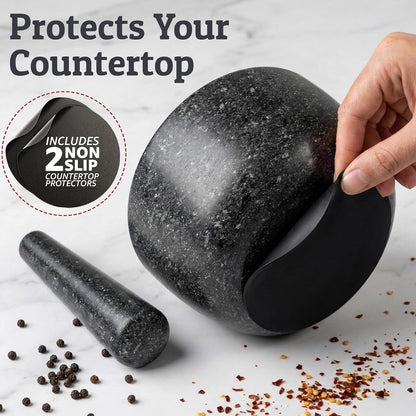 Heavy Duty Large 1.5 Cup Mortar and Pestle Set, 100% Natural Granite, 5.5 Inch Diameter Bowl, 6.2 Inch Pestle, Non-Slip Base, Stone Grinder for Guacamole Salsa Pesto Herbs Spices, Black4