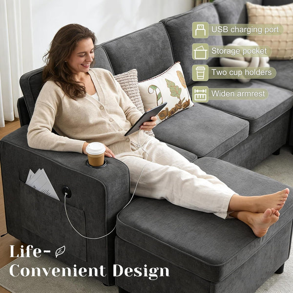107 Inch Modular Sectional Sofa with Pull Out Bed, 7 Seat U Shaped Sectional Sleeper Sofa with Storage Ottoman, USB Port & 6 Pillows, Family Modular Couch, Sectional Couches for Living Room, Grey6