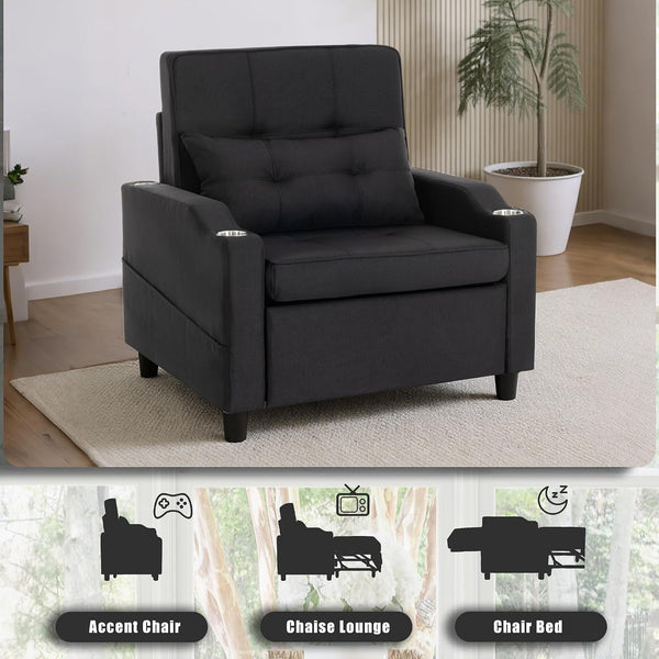 Sleeper Chair,Single Armchair Sofa with Pillow,Adjustable Backrest Recliner Sofa Modern Pull Out Couch Bed with USB Port Cup Holder Side Pocket for Living Room Bedroom(Black)8