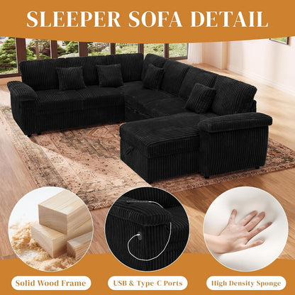 Modular Sectional Sleeper Sofa with Pull Out Bed, 104" U Shaped 7 Seat Cloud Sectional Couches for Living Room, Comfy Corduroy Couch Sofa Bed with Storage Chaise, USB Charging, Black4