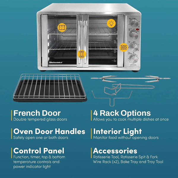 ETO4510MX French Door Convection Oven 47.5Qt, Stainless Steel | 18-Slice Capacity, 4-Control Knobs for Bake/Broil/Toast/Rotisserie/Keep Warm, Includes 2 X 14" Pizza Racks4