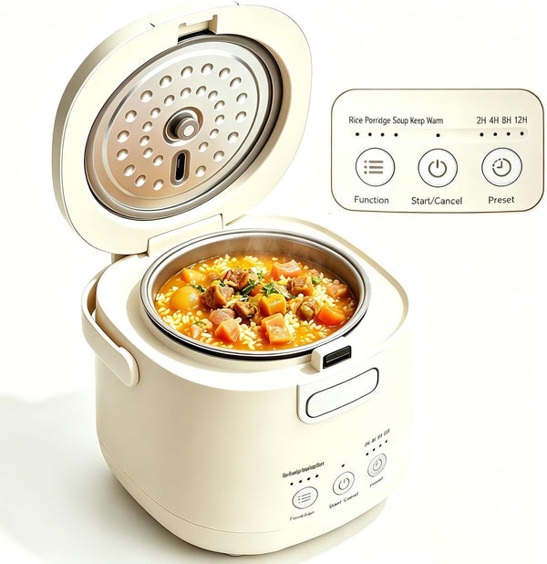 Small Rice Cooker 2 Cups Uncooked, Compact Mini Rice Cooker | for Dorm Travel Office 1-2 Person, 12 Hours Timer Delay & Keep Warm, Beige1