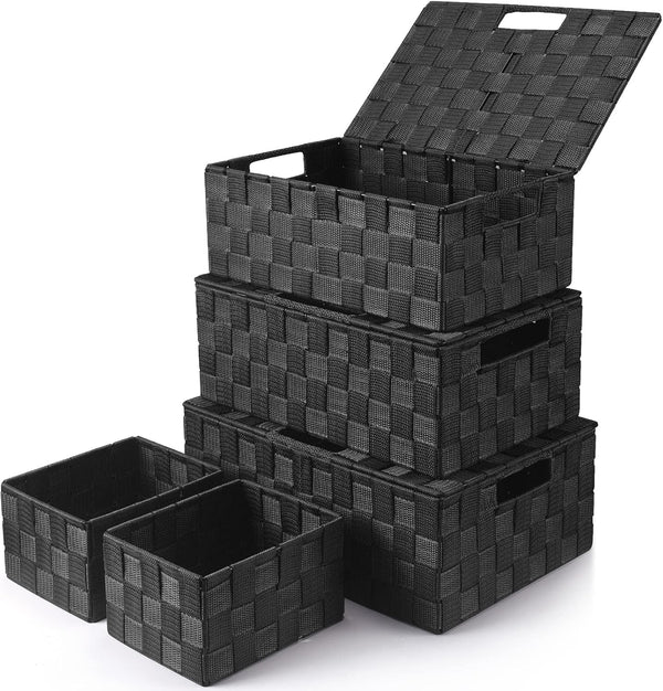 Storage Baskets with Lids: 5 Pack Stackable Woven Storage Bins, Black1