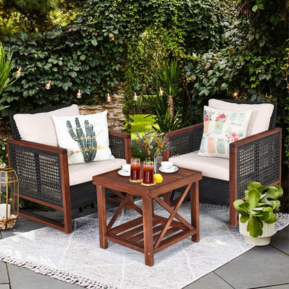 3 Pieces Patio Wicker Furniture Set, Rattan Outdoor Sofa Set W/Washable Cushion & Acacia Wood Coffee Table, Conversation Bistro Set for Garden Balcony Backyard (Beige)2