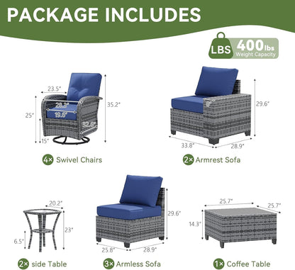 12 PCS Patio Furniture Set, Outdoor Sectional All-Weather Wicker Conversation Set with Swivel Rocker Chairs, 4'' Thick Cushions for Backyard Poolside(Navy/Grey)8