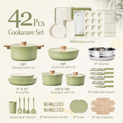 42Pcs Ceramic Cookware Set, Pots and Pans Set with Detachable Handle | Baking Pans Set, Knife Set, Non Stick, Induction Compatible, Dishwasher&Oven Safe, Space Saving, for Kitchen/Rv/Camping Green2