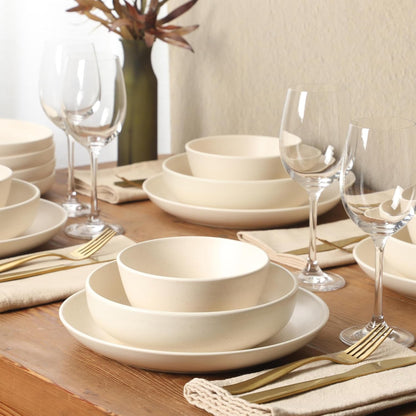 Leeds Court Plates and Bowls Sets, 16-Piece Stoneware Dinnerware Sets, Cream White, round Speckle Reactive Glaze Dish Set6