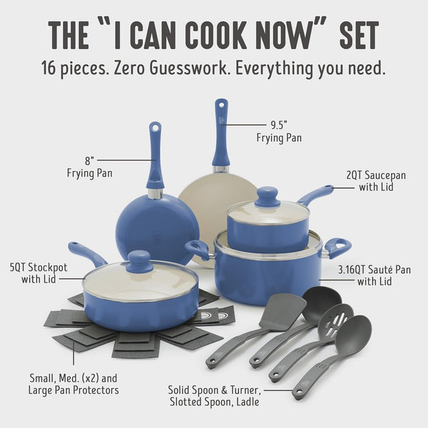 16Pc Ceramic Nonstick Pots & Pans Cookware Set, Slate Blue | Pfas-Free Nonstick Coating, Stockpot, Frying Pans, Saucepan, Sauté, Induction Ready, All Stovetop Compatible, Dishwasher Safe4