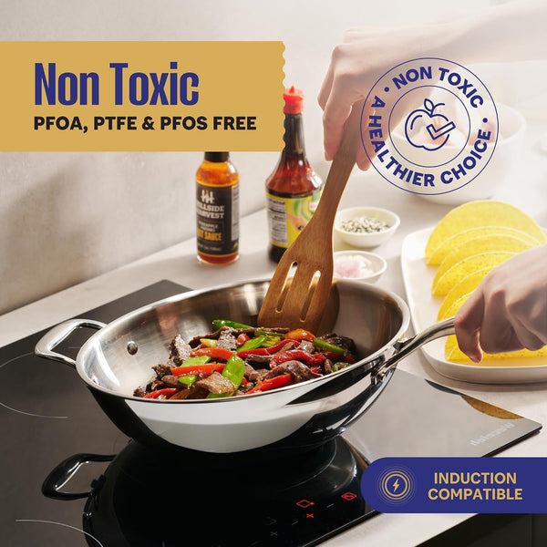 5-Ply Stainless Steel Wok Set, 12-Inch 5-Quart with Lid and Steamer - Induction Compatible, Oven Safe 800°F - Non-Toxic, No Coatings - Even Heating - Built to Last Generations2