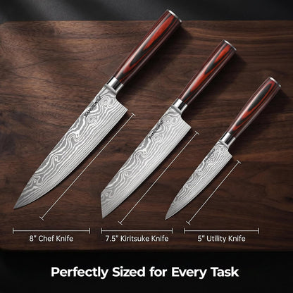 3-Piece Kitchen Knife Set, High Carbon Stainless Steel Sharp Knives with Sheaths - 8" Chef, 7.5" Kiritsuke, 5" Utility Knives for Home Cooks, Cooking, Meat & Vegetables3