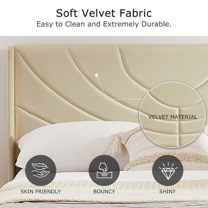 Upholstered Platform Queen Size Bed Frame with Fabric Headboard,Wooden Slats Support/No Box Spring Needed/Mattress Foundation,Beige8
