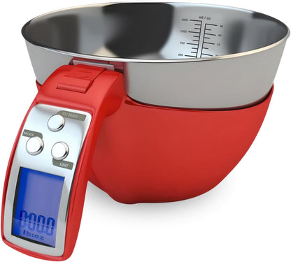 Digital Kitchen Food Scale with Bowl - 11Lb, Grams & Ounces - Removable, Dishwasher-Safe Mixing Bowl - Red1