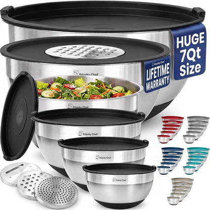 6Pc Stainless Steel Mixing Bowls with Lids Set, 7 Qt, Black | Non-Slip Nesting Bowls, 3 Graters and Interior Measurement Marks; for Meal Prep, Baking and Airtight Fridge Storage1