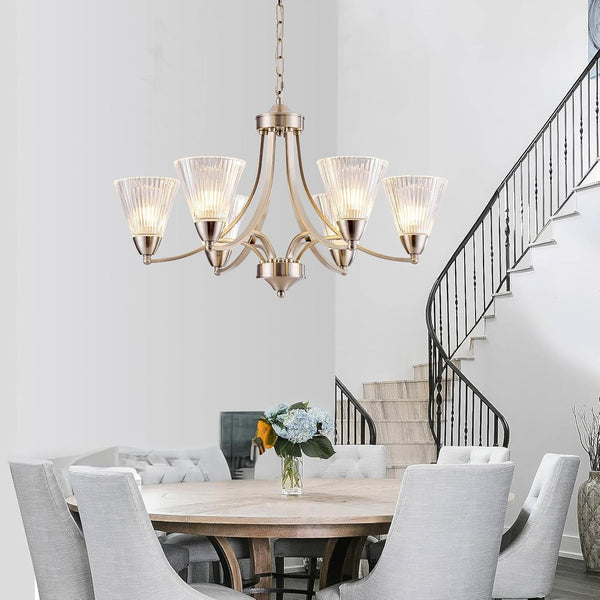 6-Light Brushed Nickel Dining Room Light Fixture，Dimmable Modern Farmhouse Chandelier，Height Adjustable Hanging Light, Clear Glass Shades, Vintage Silver Chandelier for Kitchen Island,Entryway6