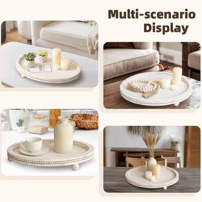 Farmhouse Oval Wooden Decorative Trays Set of 2, Distressed White Solid Wood Beaded Trays for Coffee Table, Kitchen Counter, Ottoman & Dining Table Centerpiece Decor6