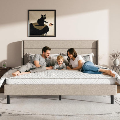 Queen Size Bed Frame Linen Upholstered with Wing Headboard, Beige5