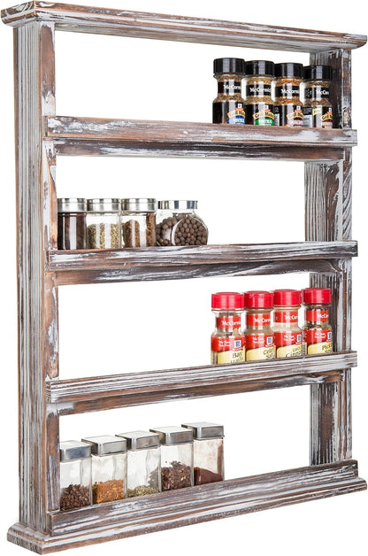 4 Tier Torched Wood Spice Rack Wall Mount Rustic Seasoning Shelf2