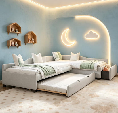 L Shaped Twin Corner Bed for 2 Kids, Upholstered Double Twin Platform Bedframe with Trundle and Drawer, Bluish4