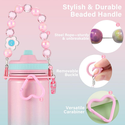 Kids Water Bottle for School - 16 Oz Stainless Steel Insulated Water Bottle with Ceramic-Lined, Leakproof Straw Lid & Beaded Handle for Girls & Boys5
