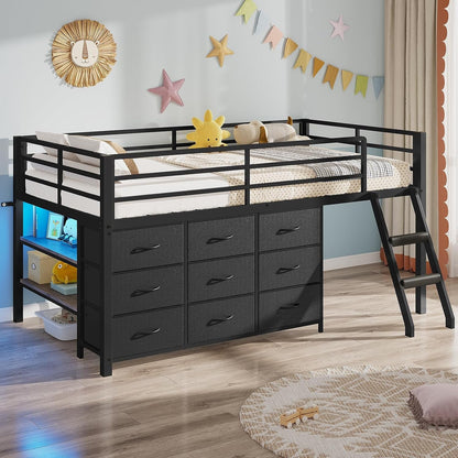 Low Loft Bed Twin Size with 9 Storage Drawers, LED Lights Loft Bed1