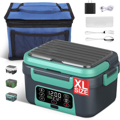 Cordless Electric Heated Lunch Box, 1.5L - 6.3 Cups 100W Rechargeable Smart Self-Heating Food Warmer with Removable Divider, Spoon, Fork, BPA Free, Portable Lunchbox for Car Travel Office Lake Green1