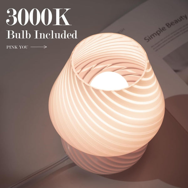 Mushroom Lamp-Small Bedside Table Lamp with Striped Glass, Nightstand Lamp for Bedroom, Living Room, Cafe, Bulb Included, Home Decor for Girls Women, Pink3