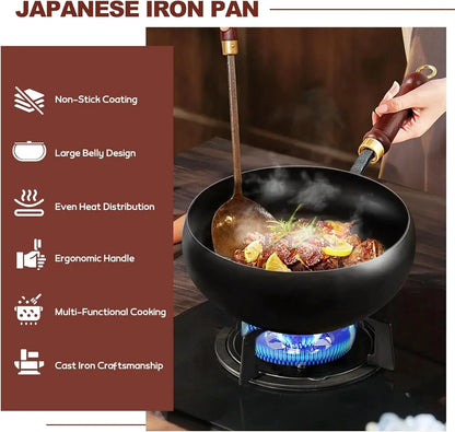Suntuup Japanese Iron Pan, 28Cm/11In Cast Iron Wok (Glass Lid) | with Spatula, 2 Covers to Choose From, for Pots on Electric Stoves/Induction Cookers/Gas Stoves2