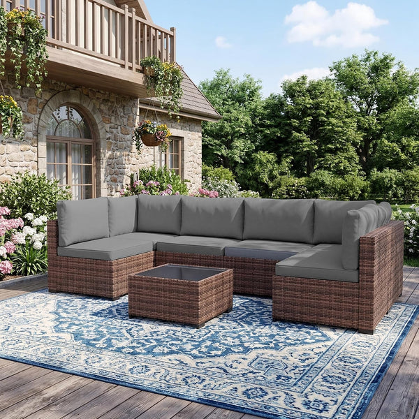 Patio Furniture Set with Rain Cover,7 Pieces Outdoor Wicker Rattan Patio Furniture, Wicker Rattan Outdoor Sectional Sofa Set with Coffee Table for Garden, Poolside Taupe-Grey1