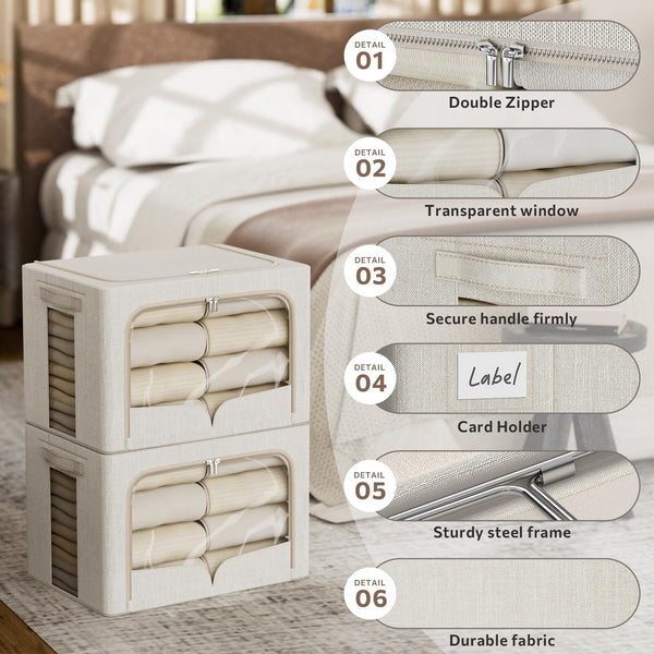 3 Pack Clothes Storage Bins Foldable Metal Frame Storage Box Stackable Linen Fabric Organizer Set with Carrying Handles and Clear Window (Beige, 15.7X11.8X11.8Inch(36L))6