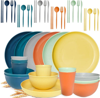 42Pcs Wheat Straw Dinnerware Sets, Unbreakable Plates and Bowls Sets, Eco Friendly Non Breakable Dinnerware, Dishwasher Microwave Safe Dinnerware1