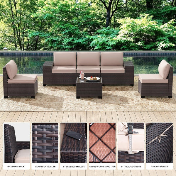 7 Pieces Patio Furniture Set with 55000BTU Fire Pit Table, Wicker Patio Set with Wide Armrests 29.5'' High Backrest Thick Cushions 1 Coffee Table, Outdoor Furniture for Porch Deck Khaki9