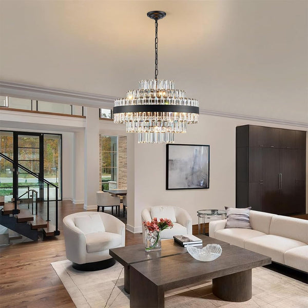 Black Modern round Crystal Chandelier, 12-Lights Luxury Chandeliers Modern 3-Tiers K9 Crystal Chandelier Pendant, Light Fixture G9 Lights for Dining Living Room Kitchen Dia 23 Inch5