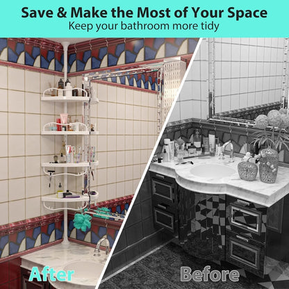 Shower Caddy Tension Pole with 4 ABS Baskets,Shower Storage Shelf with 56 to 125 Inch Adjustable Stainless Pole for Bathroom White6