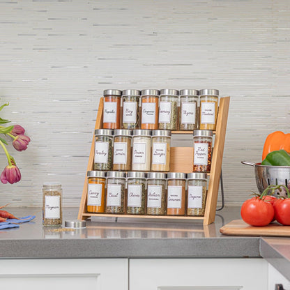 18 Jar Bamboo Compact Spice Rack with Spices Included & 5-Year Free Spice Refill Program for Countertop or Kitchen Drawer with Glass Jars5