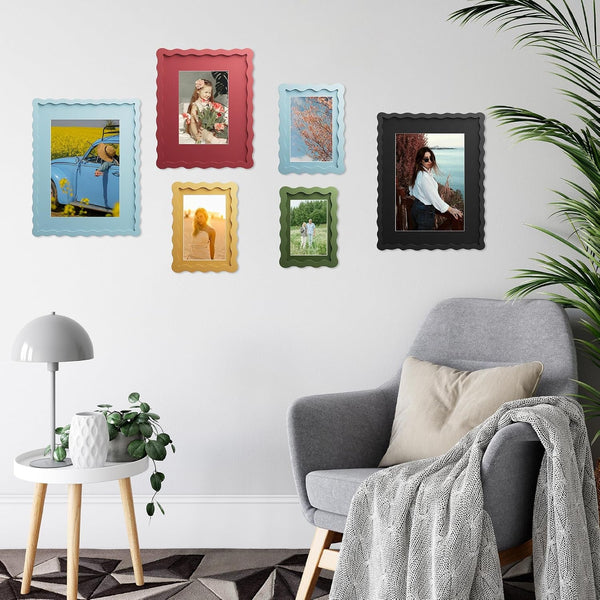 4X6 Picture Frame with Mat for 3.5X5, Wavy Edge Wooden Real Glass Photo Frame for Tabletop and Wall Hanging, Green, 1 Pack3