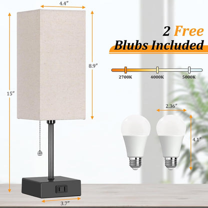 15'' Bedside Table Lamp for Bedroom Small Night Light Lamps for Night Stand | Pull Chain Table Lamps for Night Stands with AC Outlet，Desk Lamp with 2 Bulbs Lamp for Living Room Kids Room Office Decor4