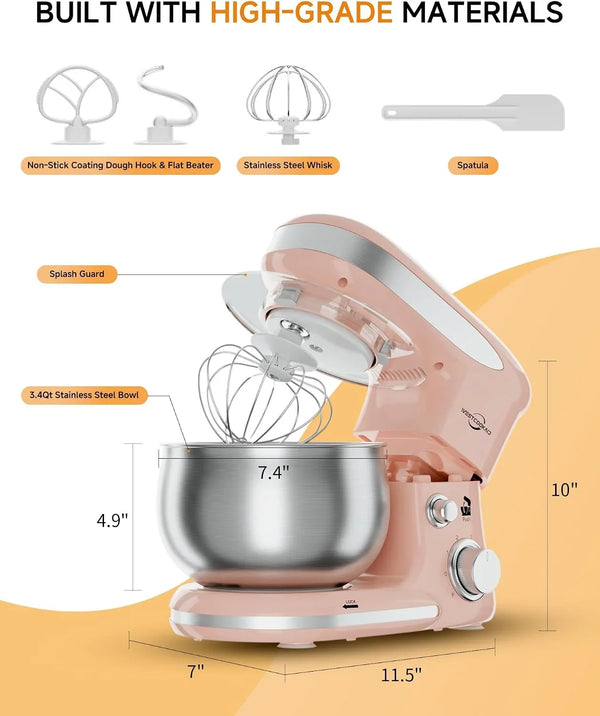 Stand Mixer 3.4QT Tilt-Head Pink Mixers 6+P Tilt-Head Speed | Portable Household Mixer for Daily Use with Egg Whisk,Dough Hook & Flat Beater,Perfect Dough Bread Mixer for Home Baking2