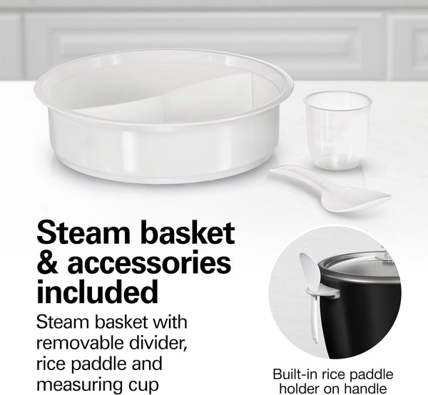 Rice Cooker & Food Steamer, 30 Cups Cooked, 15 Cups Uncooked | Includes Steam and Rinsing Basket , Measuring Cup & Spatula | Easy 1 Touch Controls | Black | 375535