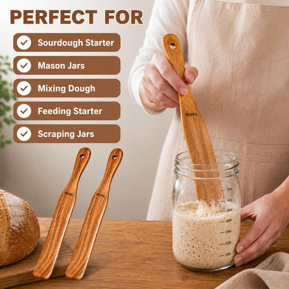 2 Pack Wooden Spurtle for Sourdough Starter, Mixing, Reaching Bottom of Jar, Dough Whisk, Long Handle Jar Spatula, Spurtles Kitchen Tools Teak Wood Kitchen Utensils Kit for Baking, Cooking2