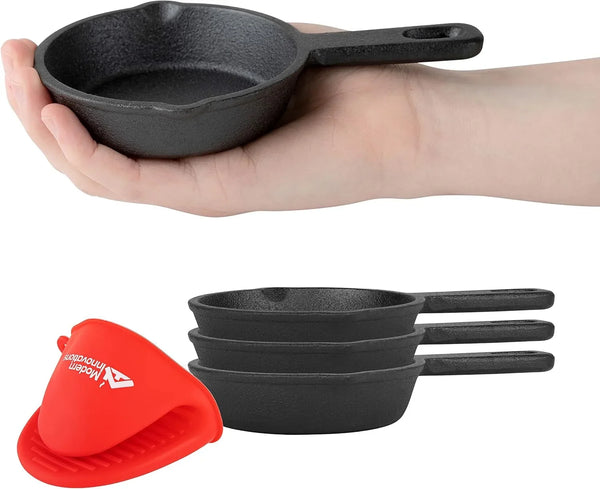 Mini Black Cast Iron Skillet Set with Silicone Mitt (4 Count) - 3.5 Inch Pans, Pre Seasoned Small Skillets for Baked Cookie/Brownie or Cooked Eggs1