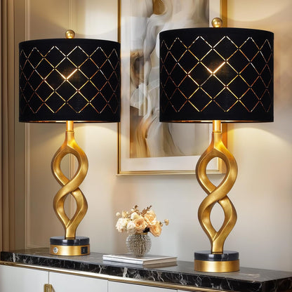 30" Black and Gold Table Lamps Set of 2 for Bedroom, Modern Touch Control Bedside Lamps for Living Room, 3-Way Dimmable Sculptural Resin Nightstand Lamps with USB A+C Ports and 2 LED Bulbs1